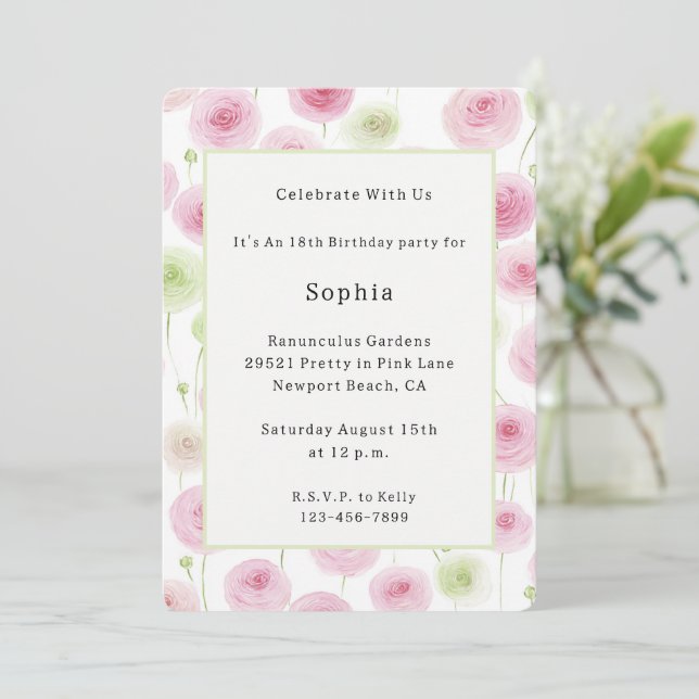 Invitación Cumpleaños de Ranunculus de Menta Rosa Bonito   (Anverso de pie)