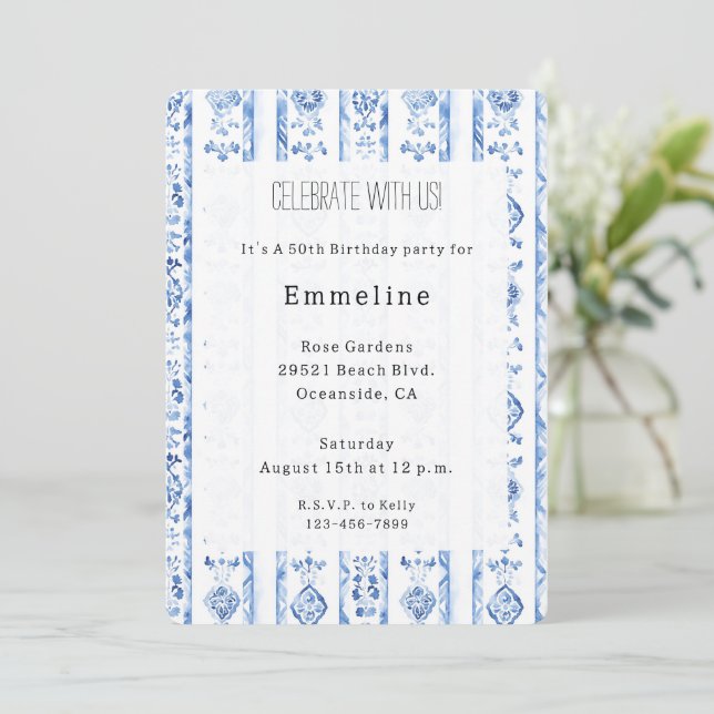Invitación Cumpleaños de rayas azules rústicas italianas de S (Anverso de pie)