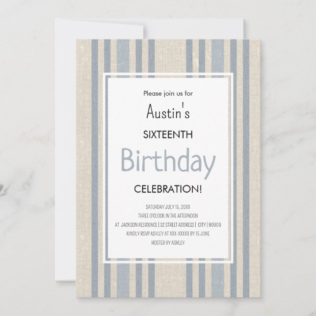 Invitación Cumpleaños de Rayas Azules Sencillo (Anverso)