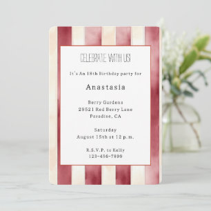Invitación Cumpleaños de rayas crema y rojo burdeos