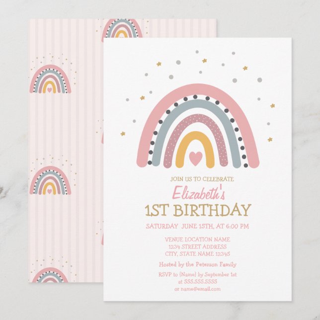Invitación Cumpleaños de Rayas de Arcoíris con Acuarela (Anverso / Reverso)
