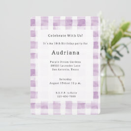 Invitación Cumpleaños de rayas de cuadros blancos morados