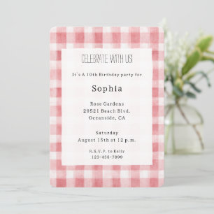 Invitación Cumpleaños de rayas de cuadros blancos rosados sua