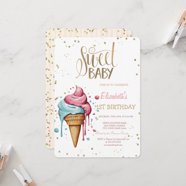 Invitación Cumpleaños de Rayas de Diamantes Goteando Helado (Anverso/Reverso In Situ)
