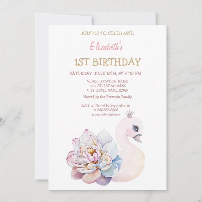 Invitación Cumpleaños de rayas de flores de cisne bebé lindo  (Anverso)
