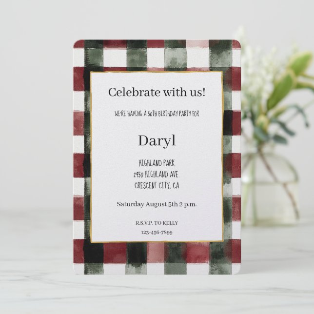 Invitación Cumpleaños de Rayas Rojas y Verdes (Anverso de pie)