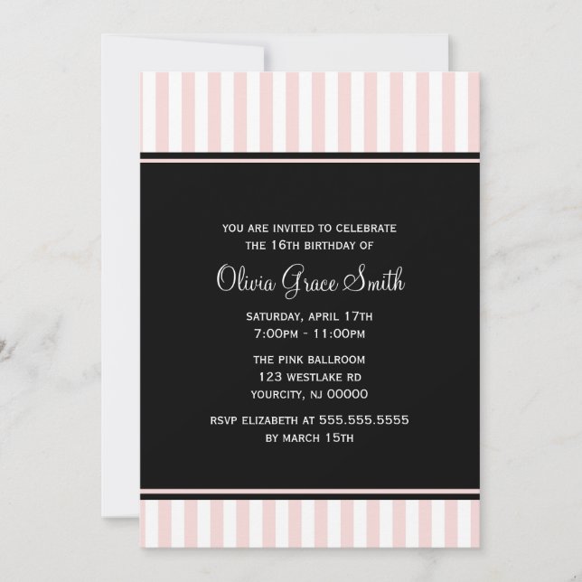 Invitación Cumpleaños de rayas rosadas y blancas elegantes (Anverso)