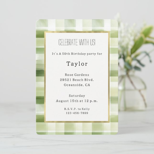 Invitación Cumpleaños de Rayas Verdes a Cuadros (Anverso de pie)