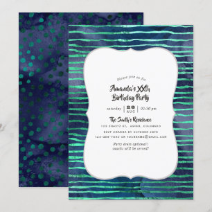 Invitación Cumpleaños de rayas y lunares azul marino y turque