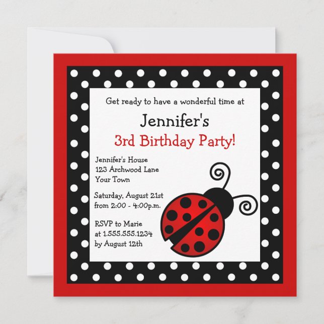 Invitación Cumpleaños de Red Ladybug - Puntos de Polka Blanco (Anverso)