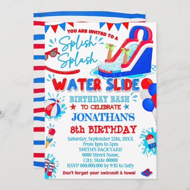 Invitación Cumpleaños de Red White y Blue Splish Splash Water (Anverso / Reverso)