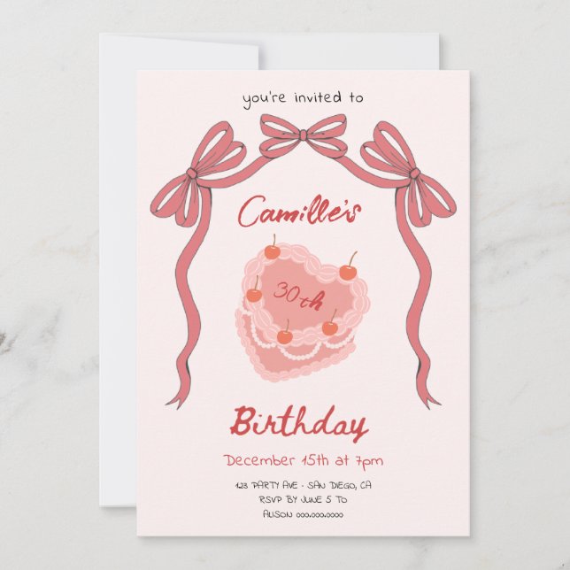 Invitación Cumpleaños de Retro Cake and Bow Coquette (Anverso)