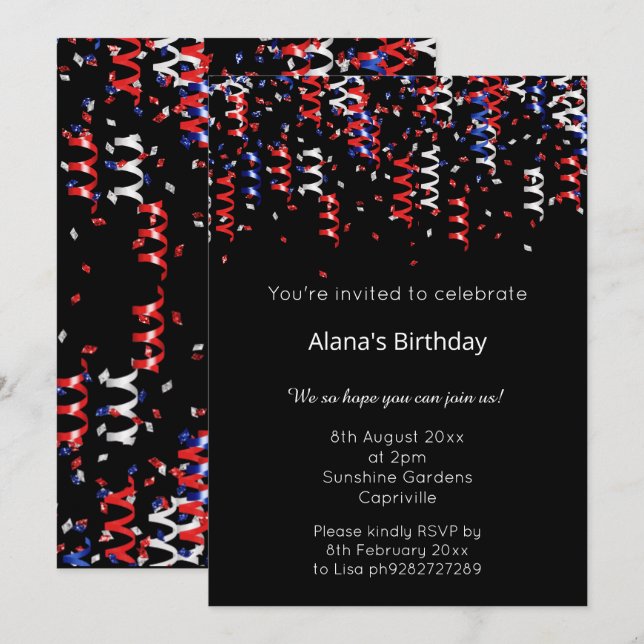 INVITACIÓN CUMPLEAÑOS DE RIBONES PATRIÓTICOS NEGROS AZULES RO (Anverso / Reverso)