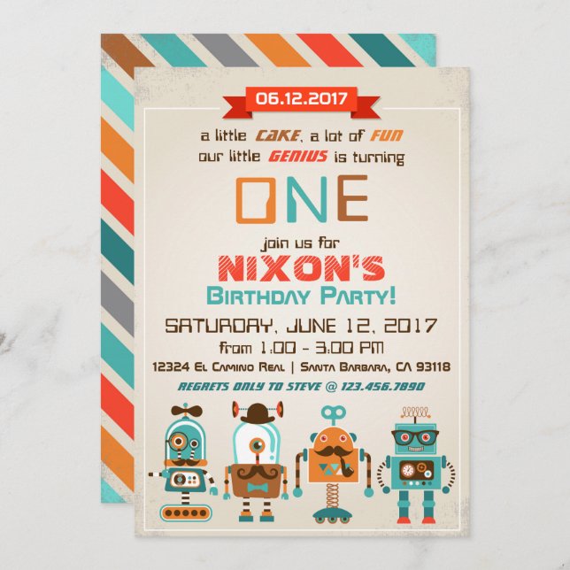 Invitación Cumpleaños de Robot Genius Future Builder (Anverso / Reverso)