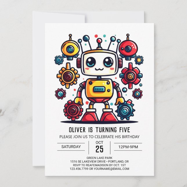 Invitación Cumpleaños de Robot Metálico Cute Online (Anverso)