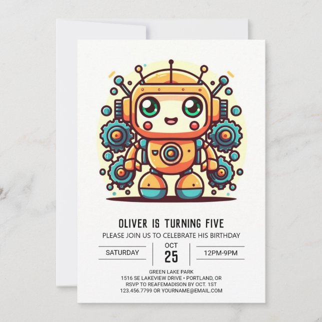 Invitación Cumpleaños de Robot Metálico Whimsical en Línea (Anverso)