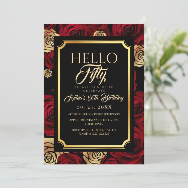 Invitación Cumpleaños de Rosa Burgundy Negra Fifty (Anverso de pie)