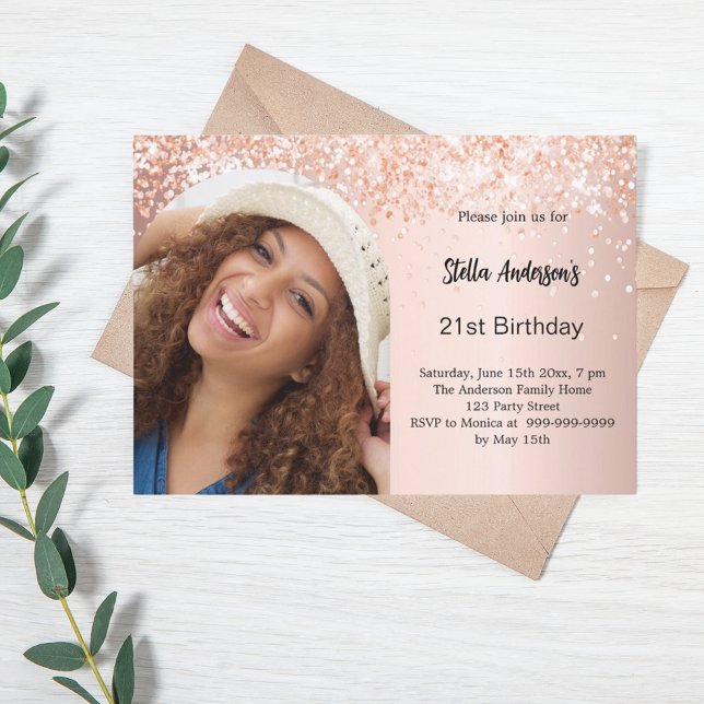 Invitación cumpleaños de Rosa gold photo arch confetti (Subido por el creador)