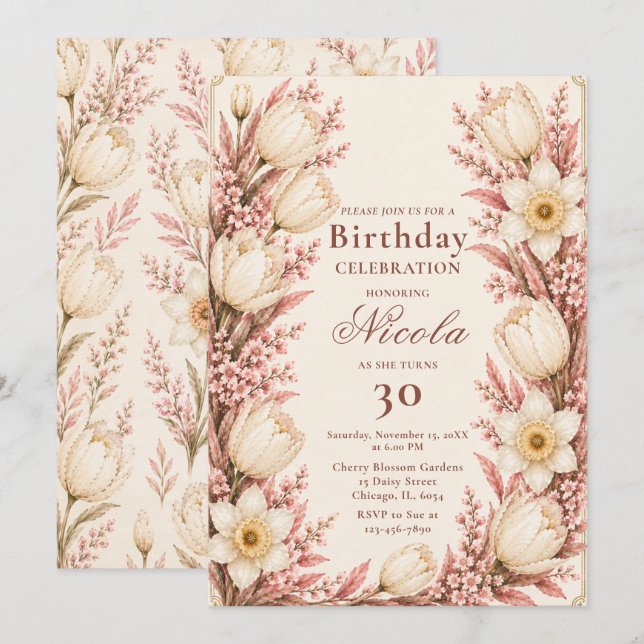Invitación Cumpleaños de Rosa Rubor y Champán (Anverso / Reverso)