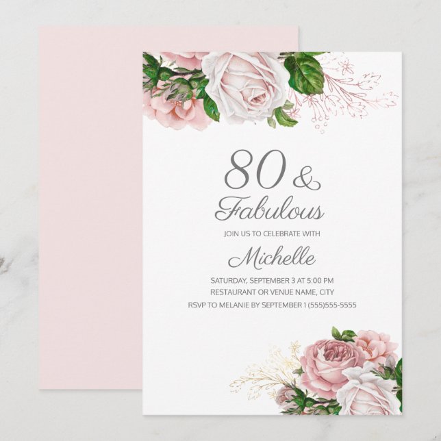 Invitación Cumpleaños de Rosa Sonrojado Floral 80 y Fabuloso (Anverso / Reverso)