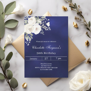 Invitación cumpleaños de rosas blancas azules de la marina