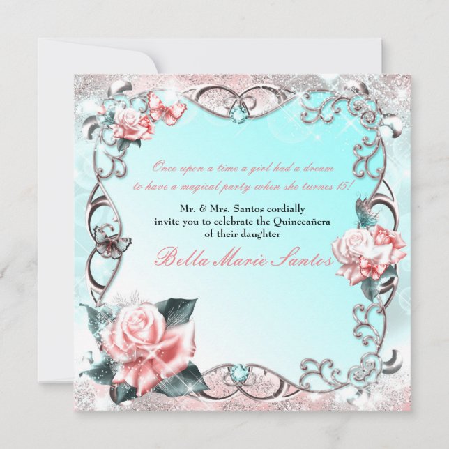 Invitación Cumpleaños de Rosas de Melocotón y Mariposas (Anverso)
