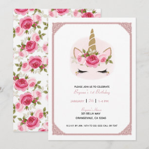 Invitación Cumpleaños de Rosas Florales Unicornio Dorado y Ro