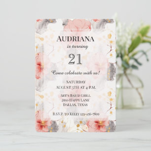 Invitación Cumpleaños de Rubor Coral Gray Floral