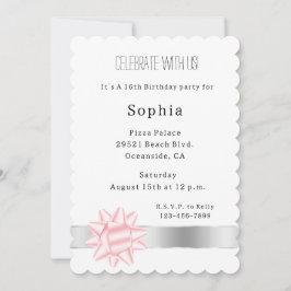Invitación Cumpleaños de Rubor Pink Bow Silver Glam Ribbon