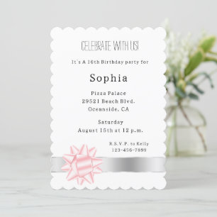 Invitación Cumpleaños de Rubor Pink Bow Silver Glam Ribbon