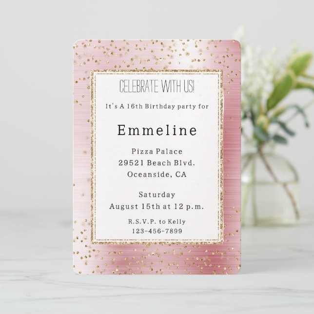 Invitación Cumpleaños de Rubor Pink Glam Gold Sparkle Confett (Anverso de pie)