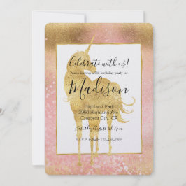 Invitación Cumpleaños de Rubor Pink Magnic Unicornio Gold