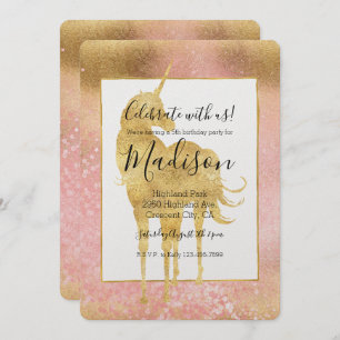 Invitación Cumpleaños de Rubor Pink Magnic Unicornio Gold
