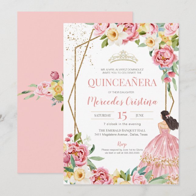Invitación Cumpleaños de Rubor Pink Peony y Lily Quinceanera (Anverso / Reverso)