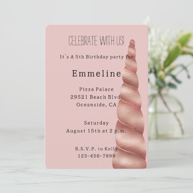 Invitación Cumpleaños de Rubor Pink Rose Gold Unicorn (Anverso de pie)