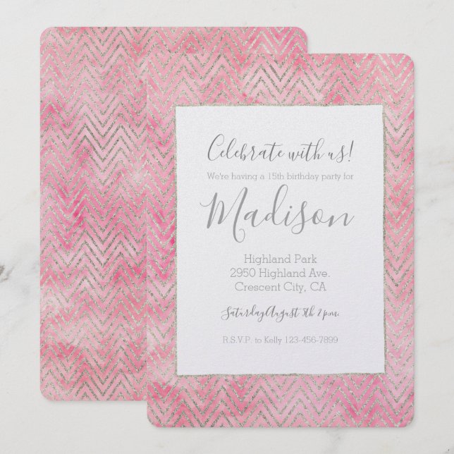 Invitación Cumpleaños de Rubor Pink Silver Glitz Chevron (Anverso / Reverso)