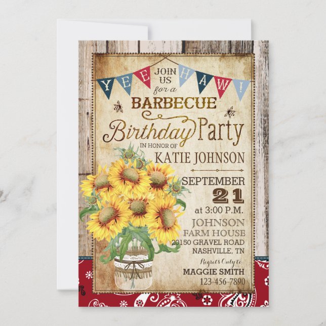 Invitación Cumpleaños de Rustic Sunflowers Wood Bandanna (Anverso)