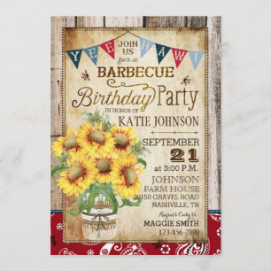 Invitación Cumpleaños de Rustic Sunflowers Wood Bandanna