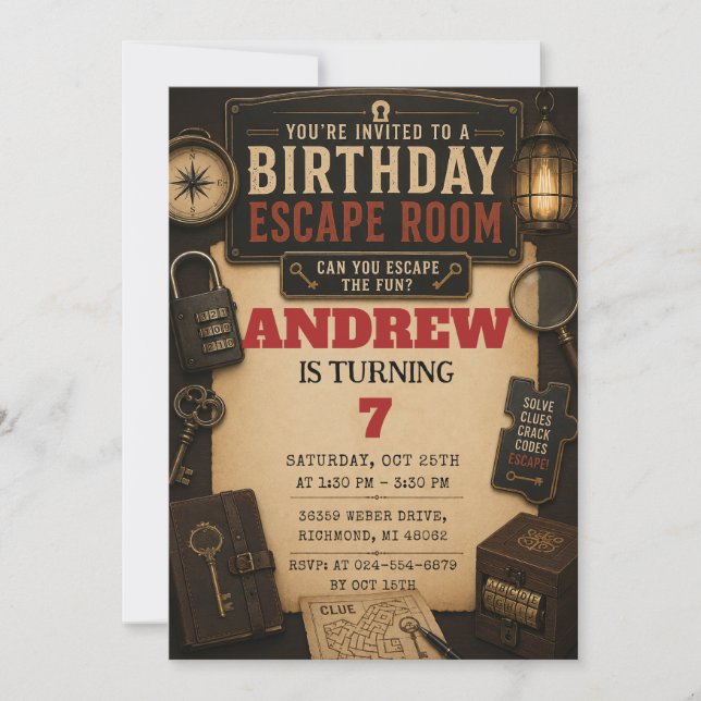 Invitación Cumpleaños de Sala de Escape Personal (Anverso)