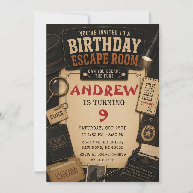 Invitación Cumpleaños de Sala de Escape Personalizada (Anverso)