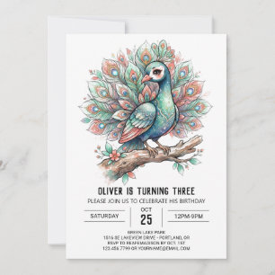 Invitación Cumpleaños de Salmón Aqua Pavo Real
