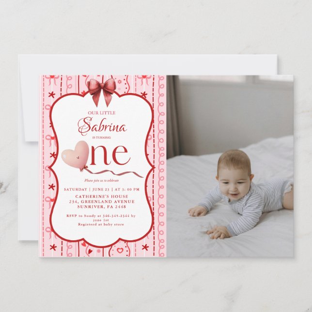 Invitación Cumpleaños de San Valentín del bebé por primera ve (Anverso)