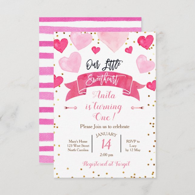 Invitación Cumpleaños de San Valentín Nuestro Pequeño Corazón (Anverso / Reverso)