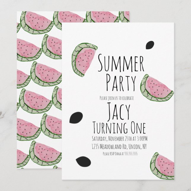Invitación Cumpleaños de Sandía Acuarela Verano Semillas (Anverso / Reverso)