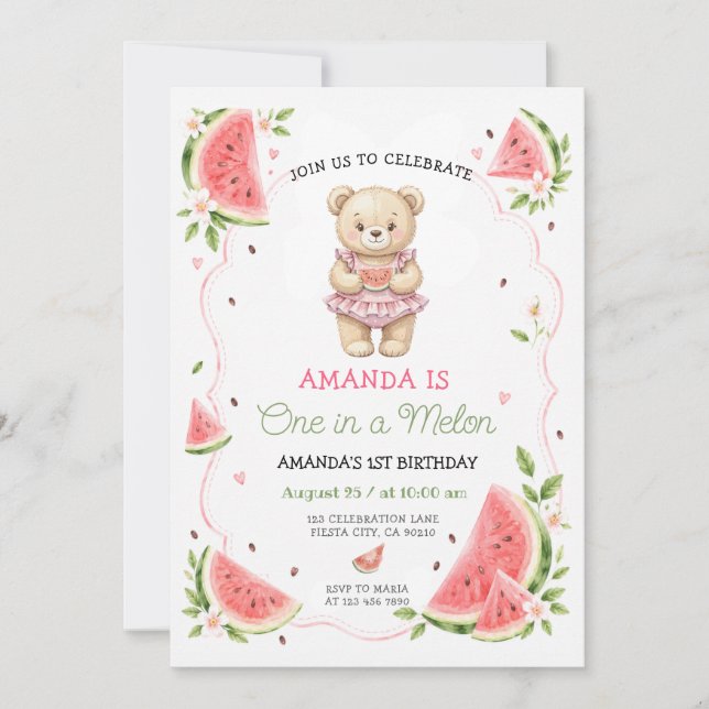 Invitación Cumpleaños de sandía de verano, uno en un melón (Anverso)