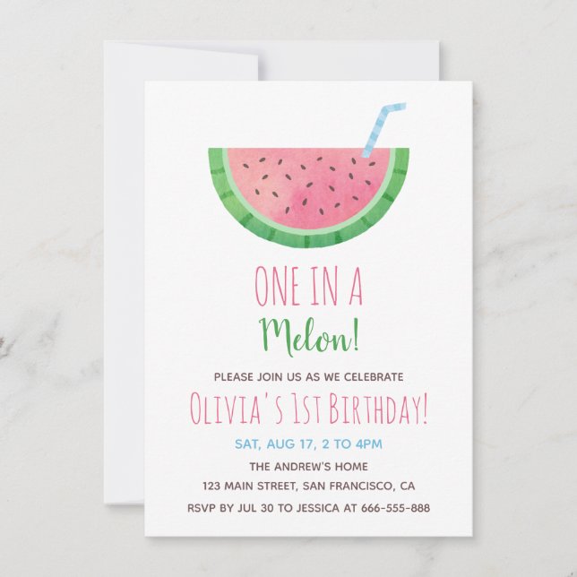 Invitación Cumpleaños de sandía One In A Melon primero (Anverso)