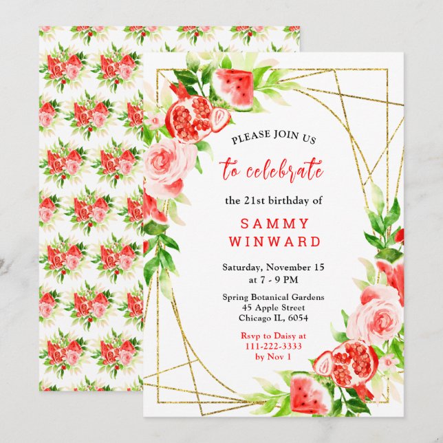 Invitación Cumpleaños de Sandía y Granada (Anverso / Reverso)