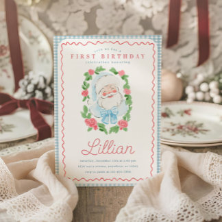 Invitación Cumpleaños de Santa Floral y Gingham Vintage