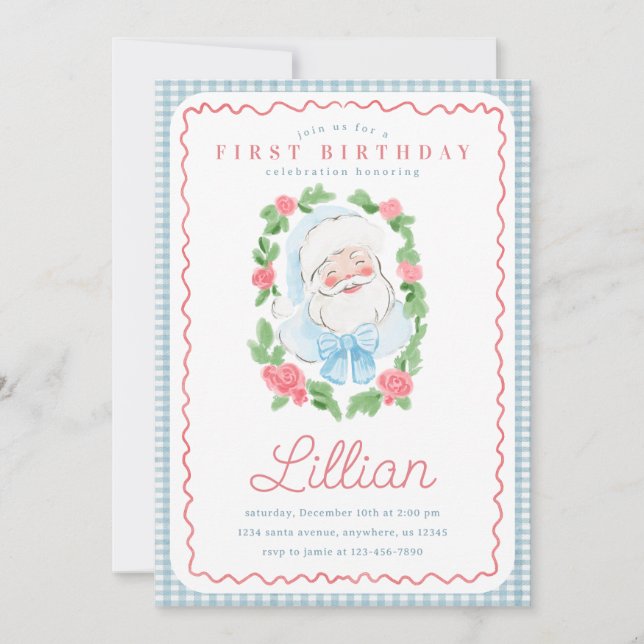 Invitación Cumpleaños de Santa Floral y Gingham Vintage (Anverso)