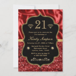 Invitación Cumpleaños de satén rojo elegante y marco dorado c